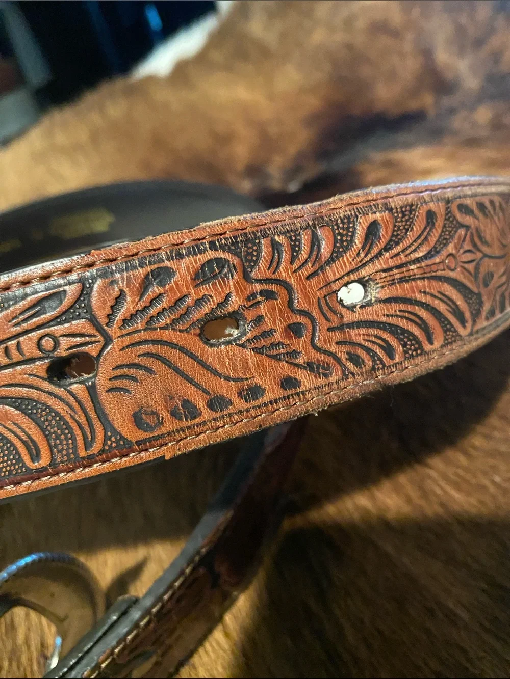 Ariat Brown Tooled Leather Western Belt Silver-Tone Buckle Size 34